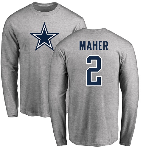 Men Dallas Cowboys Ash Brett Maher Name and Number Logo #2 Long Sleeve Nike NFL T Shirt->dallas cowboys->NFL Jersey